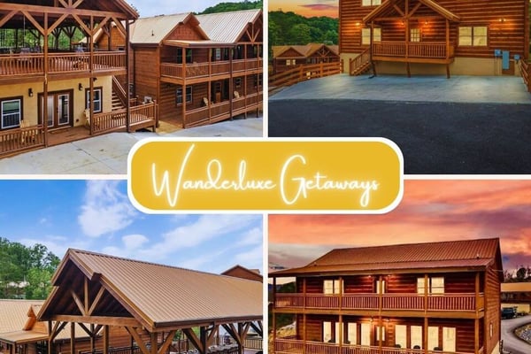 Four log cabin rental properties with wooden decks and metal roofs, shown at different times of day with forest views